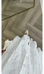 V Yaka Balon Kol Çiçek Nakışlı Kemerli Pamuk Elbise - Beyaz - Kod: 3076