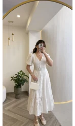 V Yaka Balon Kol Çiçek Nakışlı Kemerli Pamuk Elbise - Beyaz - Kod: 3076