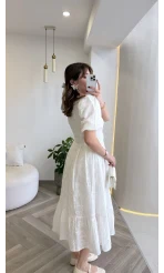 V Yaka Balon Kol Çiçek Nakışlı Kemerli Pamuk Elbise - Beyaz - Kod: 3076