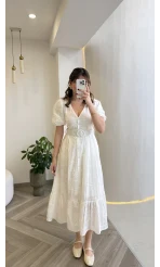 V Yaka Balon Kol Çiçek Nakışlı Kemerli Pamuk Elbise - Beyaz - Kod: 3076