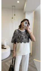 Siyah Dantelli Ekru T-shirt - Kod: 1092