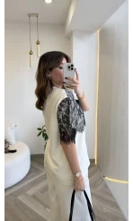 Siyah Dantelli Ekru T-shirt - Kod: 1092