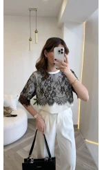 Siyah Dantelli Ekru T-shirt - Kod: 1092