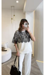 Siyah Dantelli Ekru T-shirt - Kod: 1092