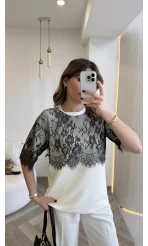 Siyah Dantelli Ekru T-shirt - Kod: 1092