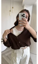 Aksesuar Detaylı Body Gömlek - Kahverengi - Kod: 2016