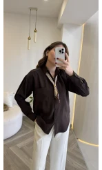 Pamuk Kumaş Fularlı Gömlek - Acı Kahve