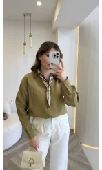 Pamuk Kumaş Fularlı Gömlek - Haki