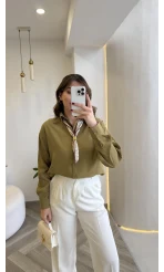 Pamuk Kumaş Fularlı Gömlek - Haki