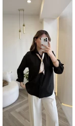 Pamuk Kumaş Fularlı Gömlek - Siyah