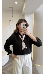 Pamuk Kumaş Fularlı Gömlek - Siyah