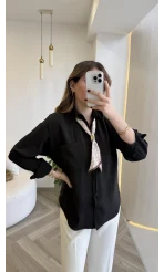 Pamuk Kumaş Fularlı Gömlek - Siyah