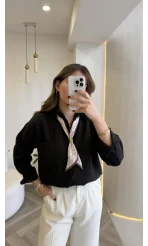 Pamuk Kumaş Fularlı Gömlek - Siyah