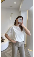 Sorrento Taşlı T-shirt - Ekru - Kod: 8491