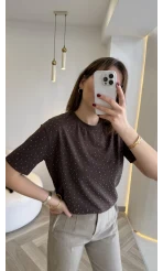 Sorrento Taşlı T-shirt - Kahverengi - Kod: 8491