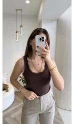 Dantel Detay Kalın Askılı Body - Kahverengi - Kod: 1053