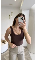 Dantel Detay Kalın Askılı Body - Kahverengi - Kod: 1053