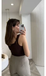 Dantel Detay Kalın Askılı Body - Kahverengi - Kod: 1053