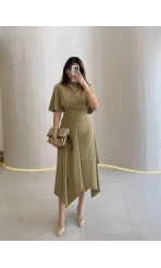 Flawless Modal Kumaş Asimetrik Kesim Etek Bluz Takım - Haki - Kod: 0931