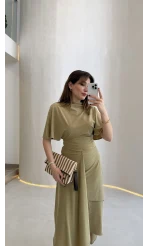 Flawless Modal Kumaş Asimetrik Kesim Etek Bluz Takım - Haki - Kod: 0931