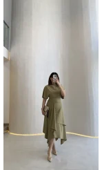Flawless Modal Kumaş Asimetrik Kesim Etek Bluz Takım - Haki - Kod: 0931