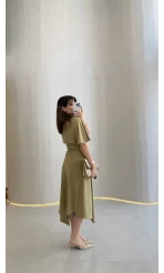 Flawless Modal Kumaş Asimetrik Kesim Etek Bluz Takım - Haki - Kod: 0931
