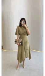 Flawless Modal Kumaş Asimetrik Kesim Etek Bluz Takım - Haki - Kod: 0931