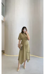 Flawless Modal Kumaş Asimetrik Kesim Etek Bluz Takım - Haki - Kod: 0931