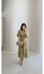 Flawless Modal Kumaş Asimetrik Kesim Etek Bluz Takım - Haki - Kod: 0931