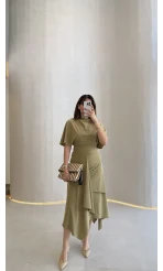 Flawless Modal Kumaş Asimetrik Kesim Etek Bluz Takım - Haki - Kod: 0931