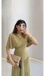 Flawless Modal Kumaş Asimetrik Kesim Etek Bluz Takım - Haki - Kod: 0931