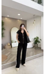 Gold Detaylı Paraşüt Kumaşlı Yelek Eşofman Takım - Siyah - Kod: 4110