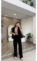 Gold Detaylı Paraşüt Kumaşlı Yelek Eşofman Takım - Siyah - Kod: 4110