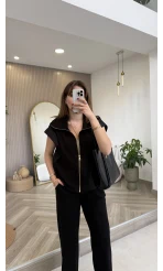 Gold Detaylı Paraşüt Kumaşlı Yelek Eşofman Takım - Siyah - Kod: 4110