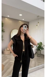 Gold Detaylı Paraşüt Kumaşlı Yelek Eşofman Takım - Siyah - Kod: 4110
