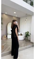 Gold Detaylı Paraşüt Kumaşlı Yelek Eşofman Takım - Siyah - Kod: 4110