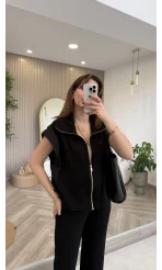 Gold Detaylı Paraşüt Kumaşlı Yelek Eşofman Takım - Siyah - Kod: 4110