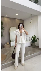 Gold Detaylı Paraşüt Kumaşlı Yelek Eşofman Takım - Ekru - Kod: 4110