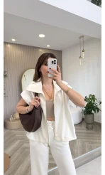 Gold Detaylı Paraşüt Kumaşlı Yelek Eşofman Takım - Ekru - Kod: 4110