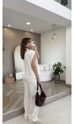 Gold Detaylı Paraşüt Kumaşlı Yelek Eşofman Takım - Ekru - Kod: 4110