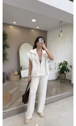 Gold Detaylı Paraşüt Kumaşlı Yelek Eşofman Takım - Ekru - Kod: 4110