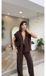 Gold Detaylı Paraşüt Kumaşlı Yelek Eşofman Takım - Kahverengi - Kod: 4110