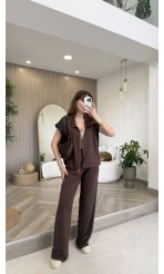 Gold Detaylı Paraşüt Kumaşlı Yelek Eşofman Takım - Kahverengi - Kod: 4110