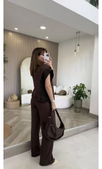 Gold Detaylı Paraşüt Kumaşlı Yelek Eşofman Takım - Kahverengi - Kod: 4110