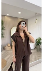 Gold Detaylı Paraşüt Kumaşlı Yelek Eşofman Takım - Kahverengi - Kod: 4110