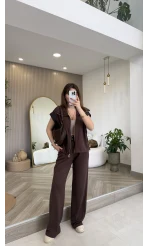 Gold Detaylı Paraşüt Kumaşlı Yelek Eşofman Takım - Kahverengi - Kod: 4110