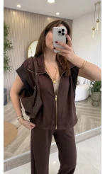 Gold Detaylı Paraşüt Kumaşlı Yelek Eşofman Takım - Kahverengi - Kod: 4110