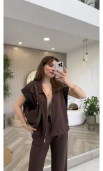 Gold Detaylı Paraşüt Kumaşlı Yelek Eşofman Takım - Kahverengi - Kod: 4110