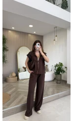 Gold Detaylı Paraşüt Kumaşlı Yelek Eşofman Takım - Kahverengi - Kod: 4110