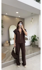 Gold Detaylı Paraşüt Kumaşlı Yelek Eşofman Takım - Kahverengi - Kod: 4110